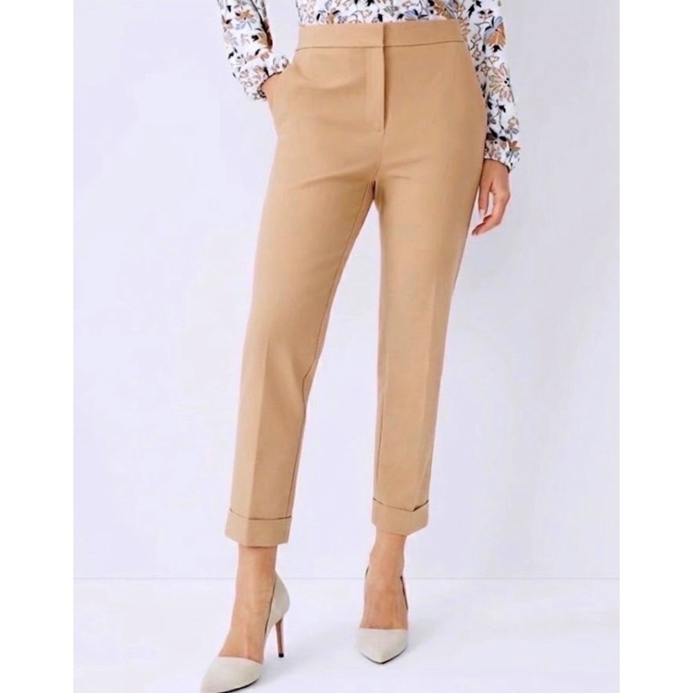 Ann Taylor Curvy Fit Tan Ankle Pants Size 8 Cotton Stretch Cuffed